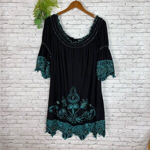 Urban Mango Black and Turquoise Beaded Bell Sleeve Mini Dress